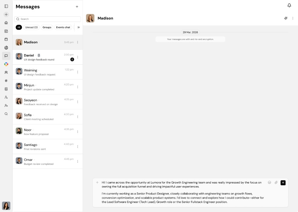 Key AI Messages: inbox with filters, conversation list, and open thread with compose and encryption note
