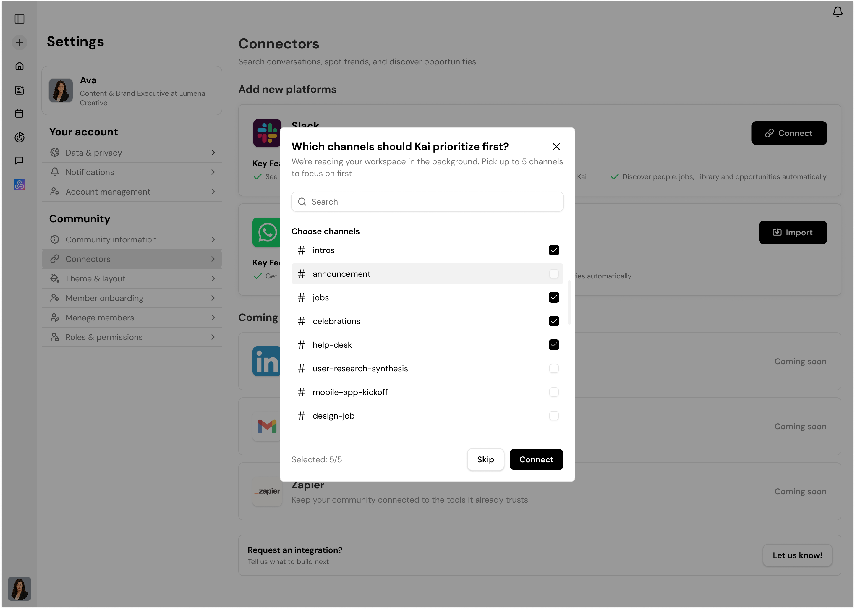 Channels inside a Key AI community: announcements, alumni, jobs, intros — threaded and AI-aware