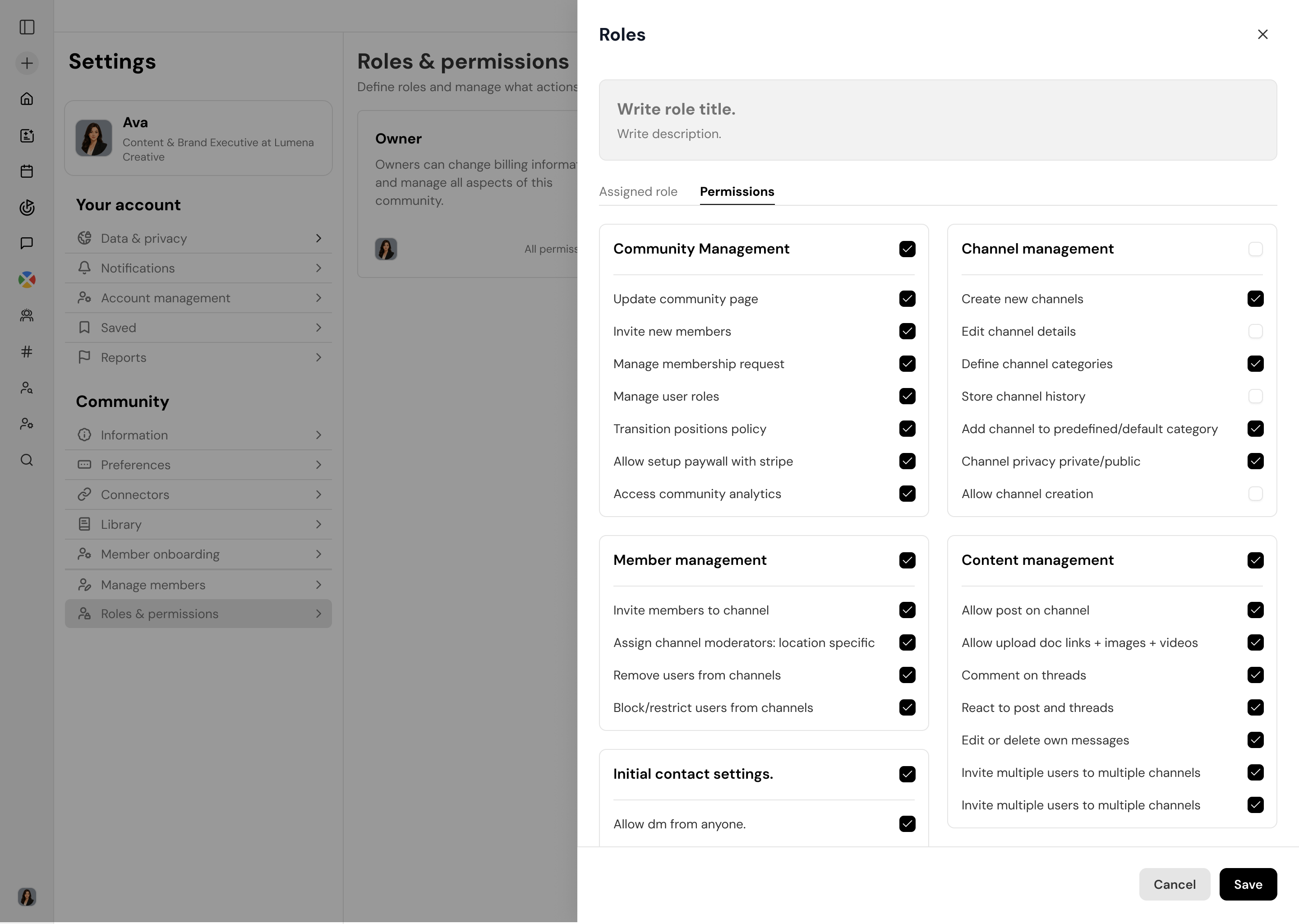 Roles & permissions admin — granular channel, member, and community controls