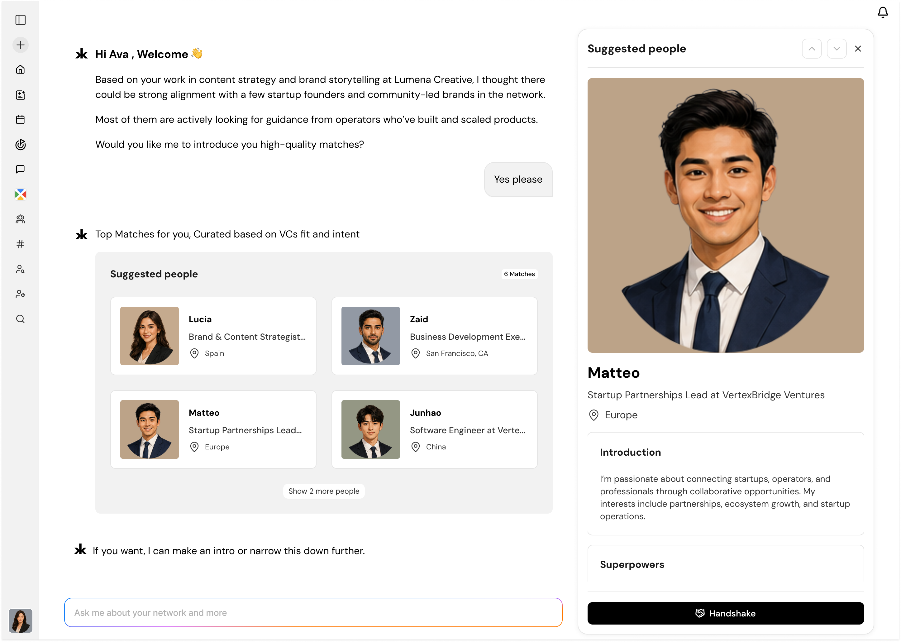 Kai recommends people to introduce via Handshake — warm paths with context before you send