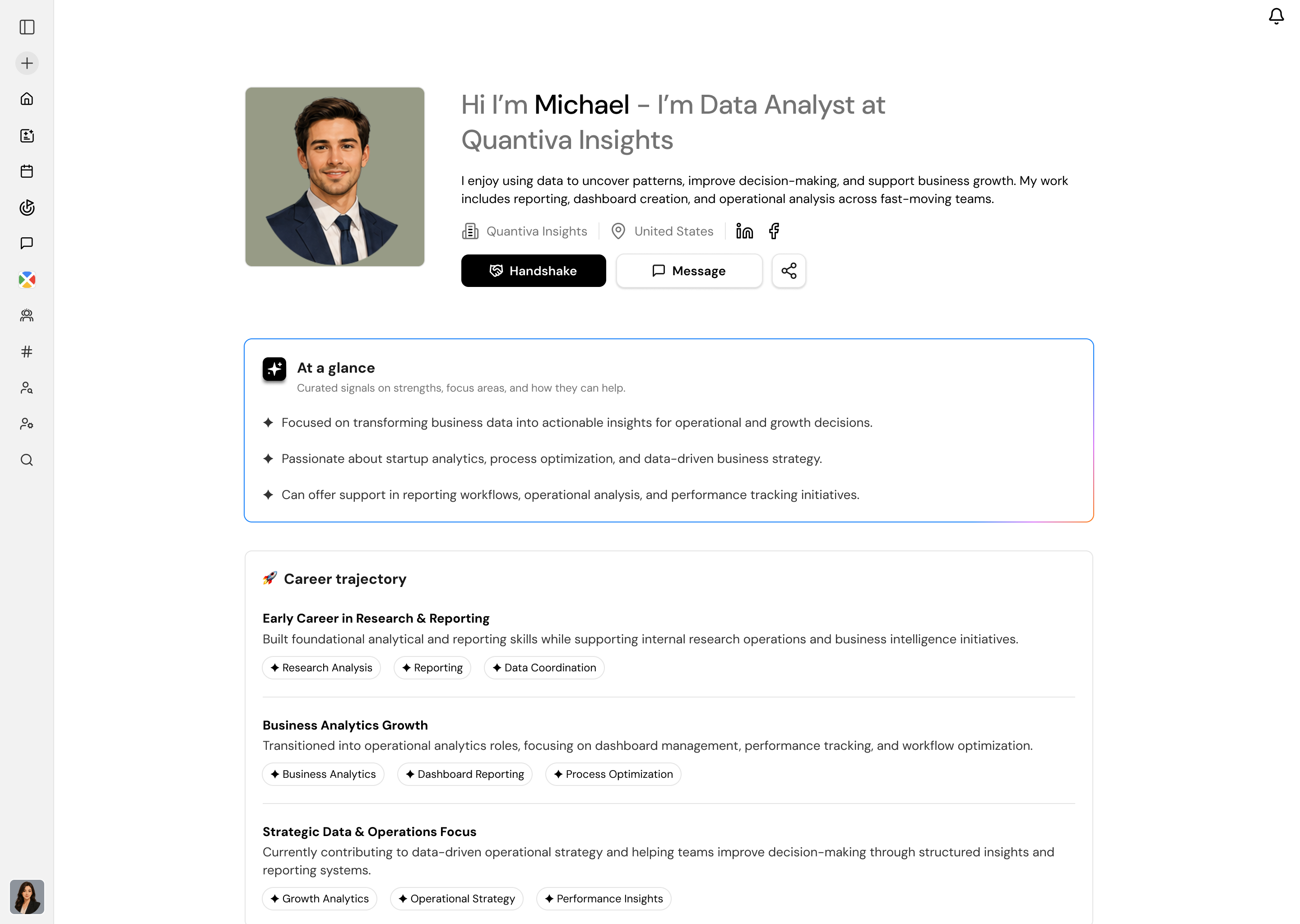 Michael Smith’s Key AI profile — bio, role, location, ‘At a glance’ summary, and career trajectory with tagged companies — all built by Kai from just a name and location